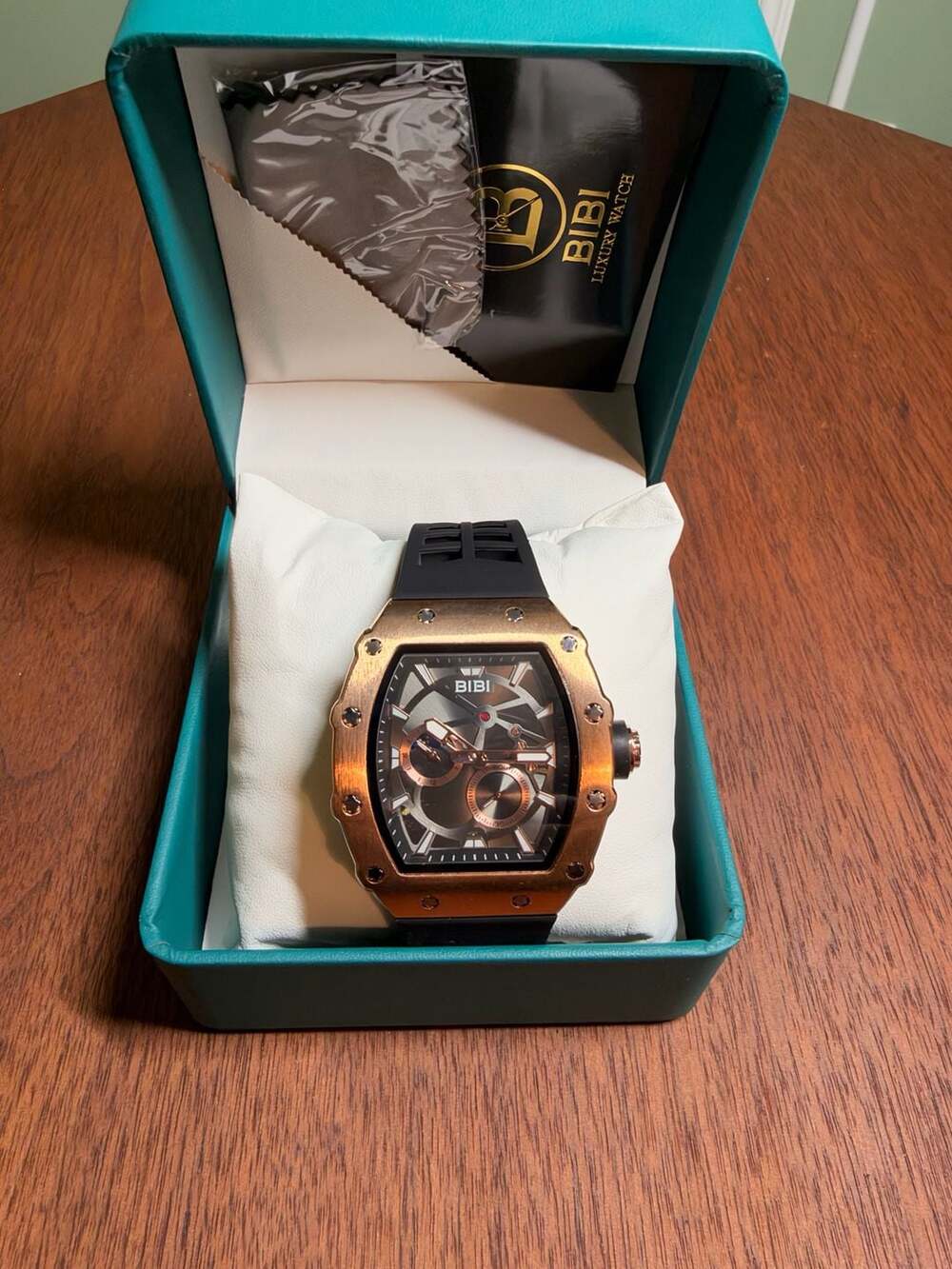 BiBi Luxury Watch Rose Gold Black Rubber Strap Chronograph